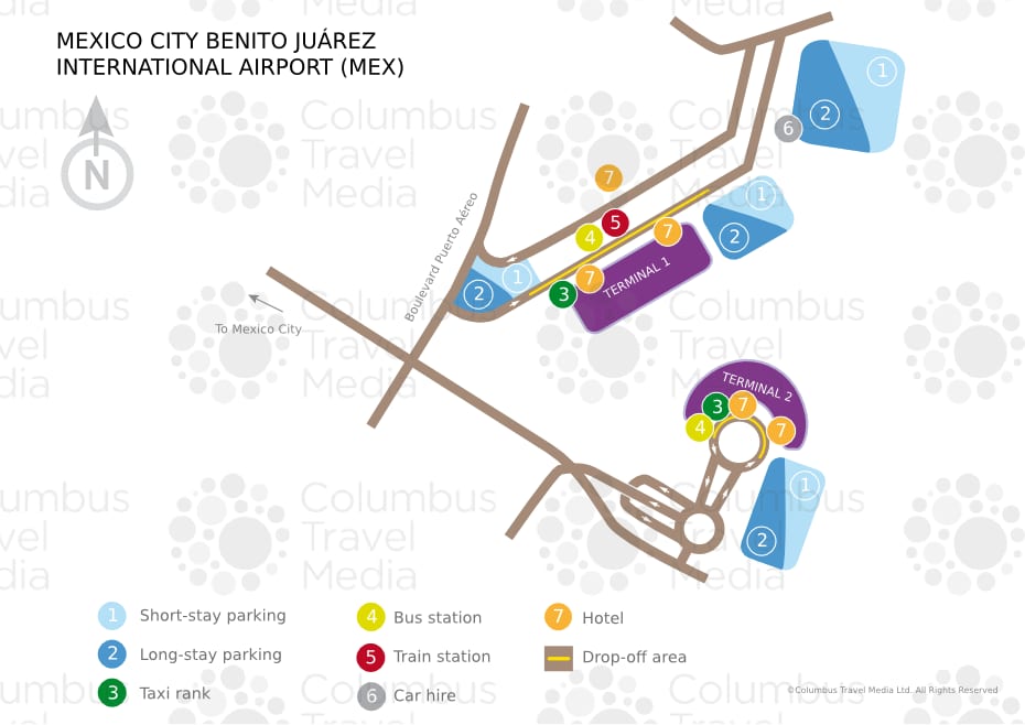 Karte des internationalen Flughafens Benito Juárez von Mexiko-Stadt und seines Terminals (MEX)