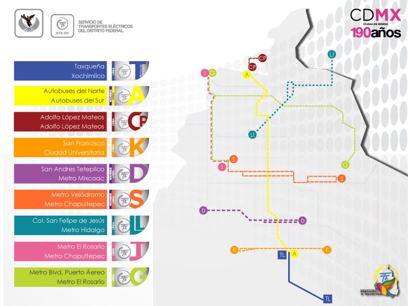 Karte des Oberleitungsbusnetzes von Mexiko-Stadt