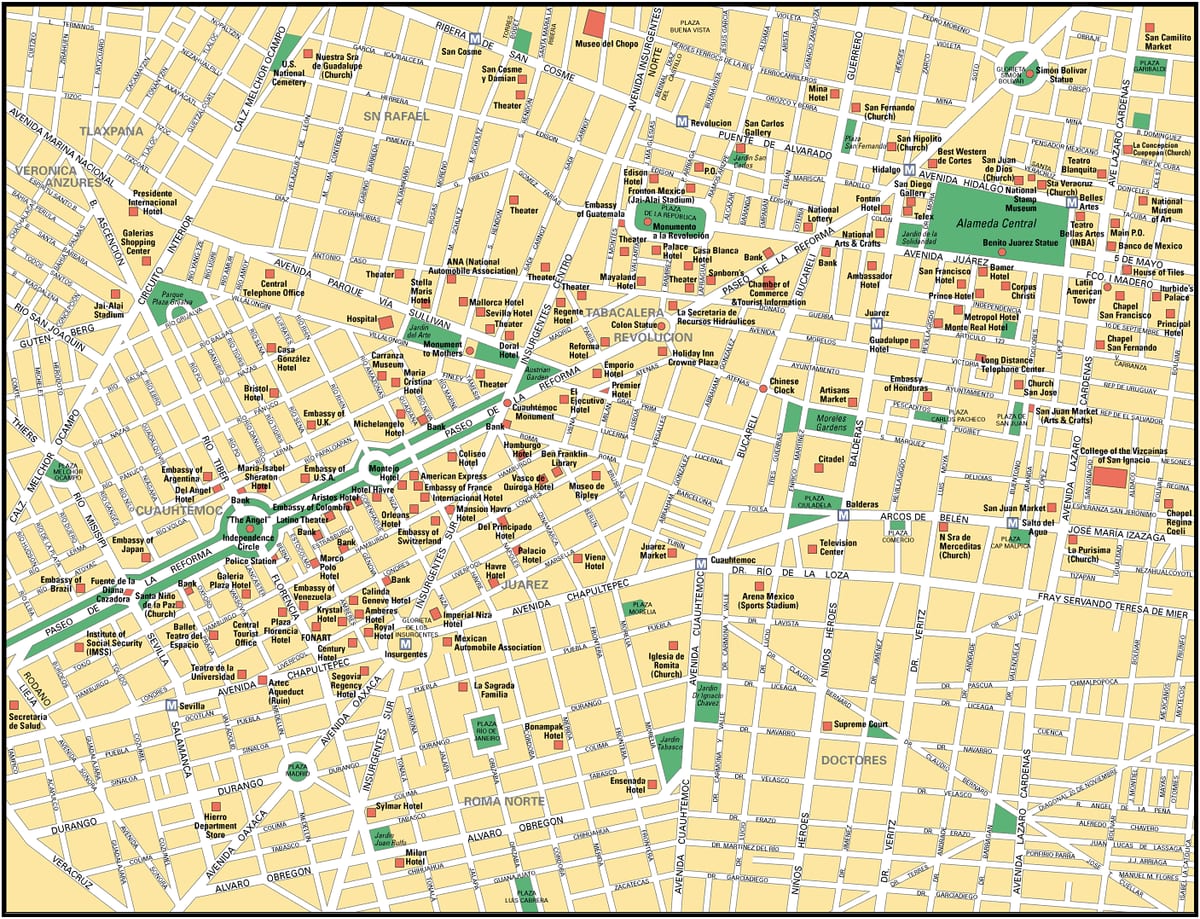 Touristenkarte von Mexiko-Stadt mit Sehenswürdigkeiten, Museen, Stätten, Denkmälern und Wahrzeichen