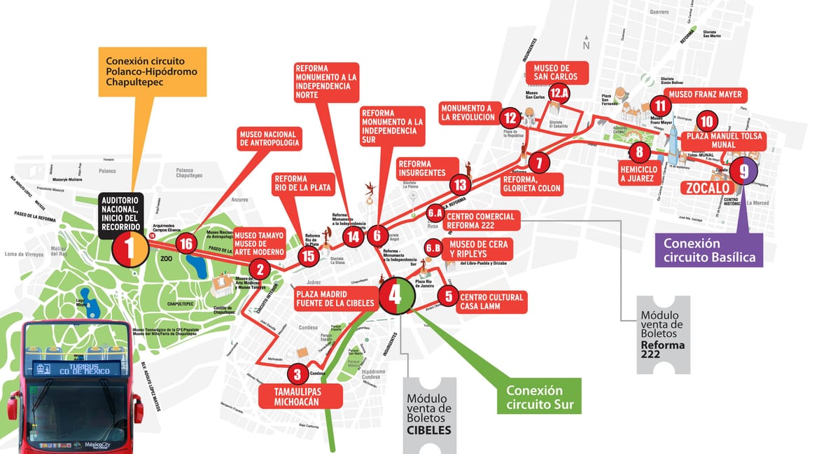 Karte der Hop-on-Hop-off-Stadtrundfahrt mit dem Turibus in Mexiko-Stadt